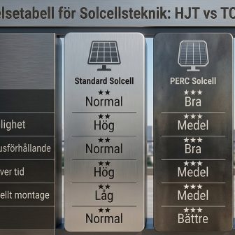 Bild som jämför typer av solpaneler. HJT, TOPCon och standard typ av solpaneler.
